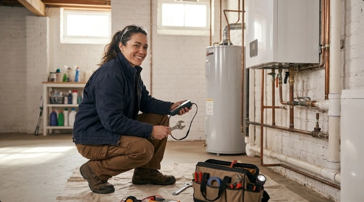 Certified technician inspecting threaded black iron gas piping and manifold valves in a Kensington residential basement