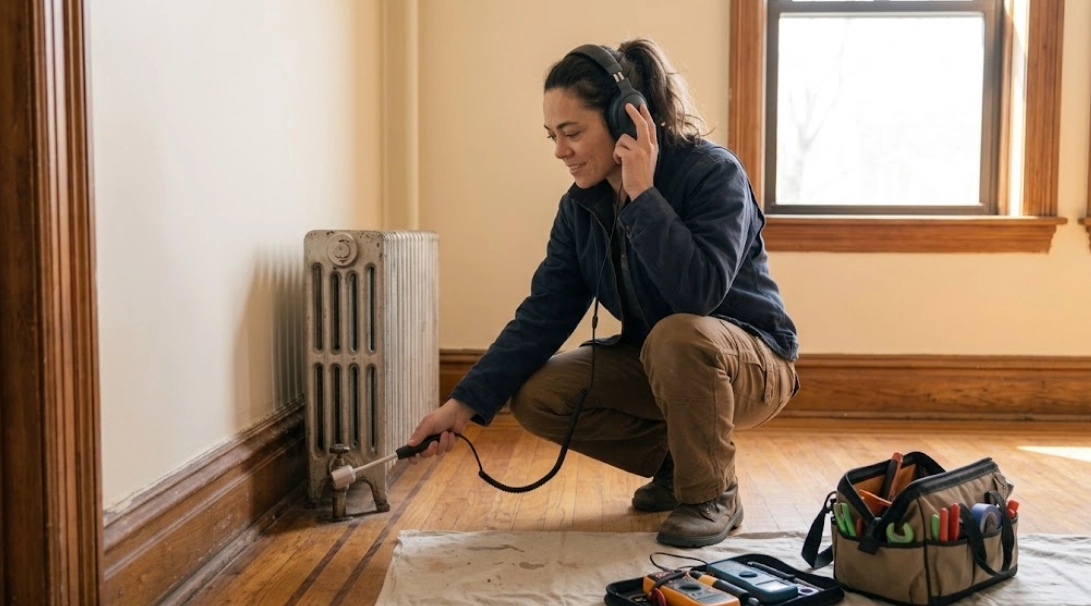 Professional plumber using electronic acoustic leak detection and thermal imaging equipment on a residential wall in Kensington