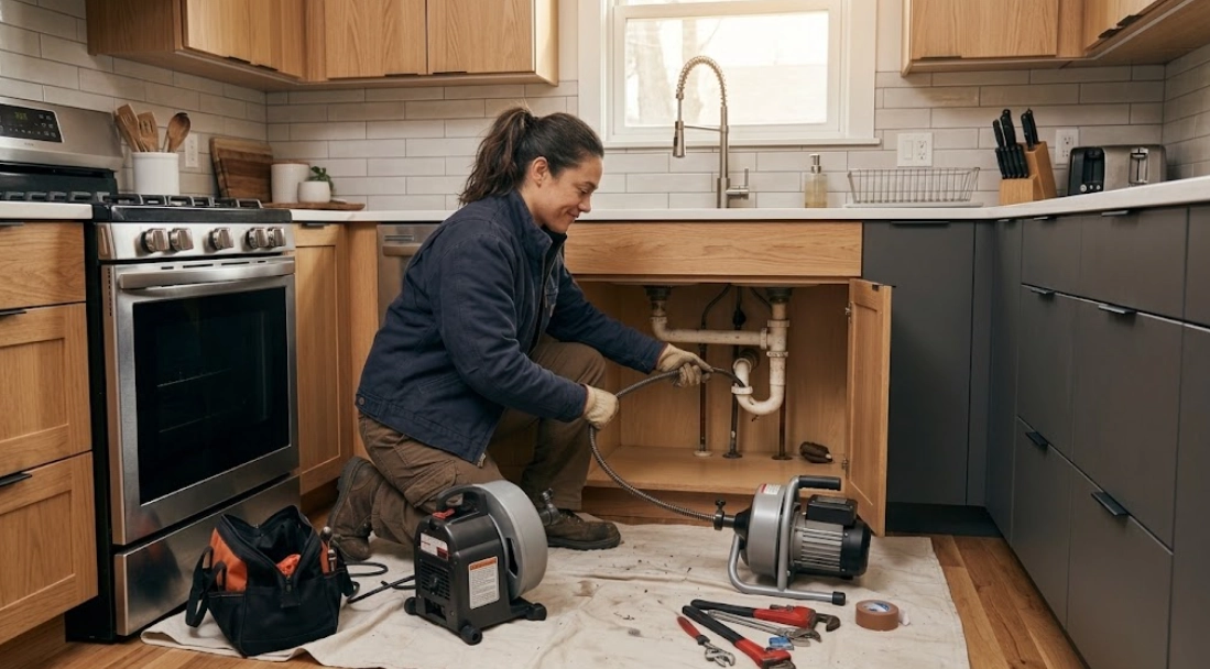 Plumber operating electric motorized drain snake cleaning a kitchen sink drain line in a Kensington residence