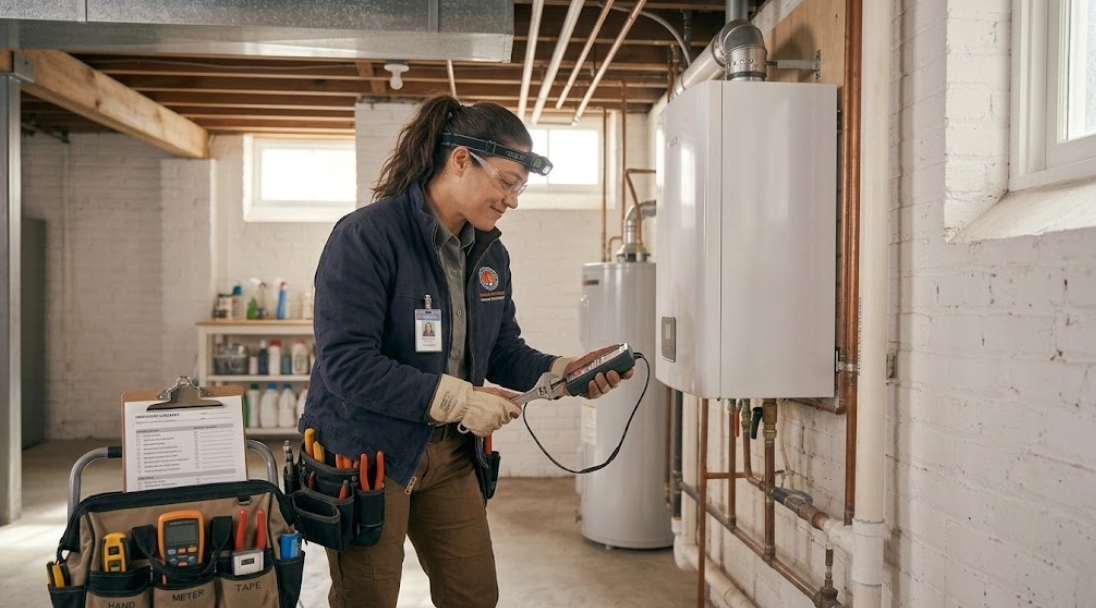 Professional boiler repair technician inspecting residential heating equipment in Kensington, Brooklyn