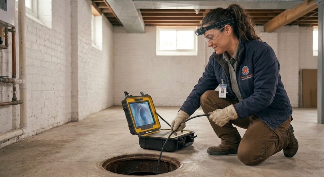 Technician monitoring fiber-optic sewer camera monitor inspecting underground lateral line in Kensington