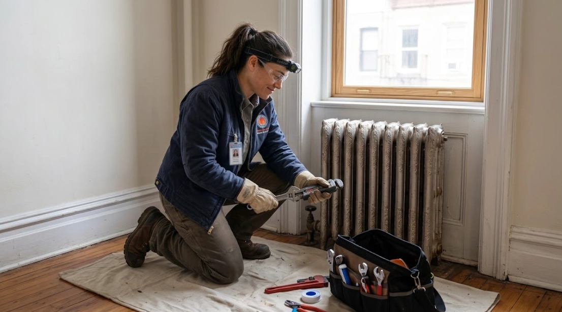 Plumber replacing a heavy steam radiator valve and air vent in Kensington, Brooklyn