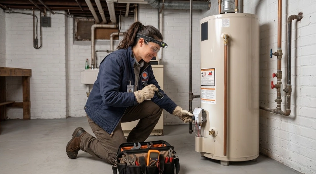 Plumbing technician testing a residential gas water heater in Kensington, Brooklyn